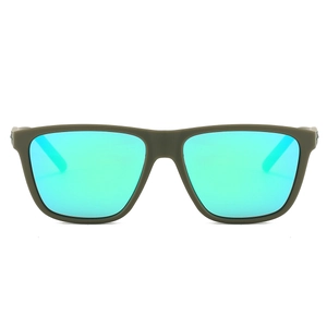 Front view of square matte olive green sunglasses with bright mint green mirrored lenses