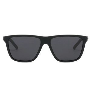 Detail of matte black square sunglasses featuring polarized lenses and metallic accents