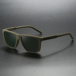 Detail of Italy Design CE marking and green accents on matte olive square sunglasses