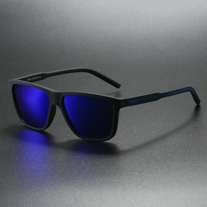 Detail view of square matte black sunglasses with vibrant blue mirrored lenses and side stripes
