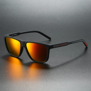 Macro shot of matte black square frame sunglasses with orange gradient mirrored lenses