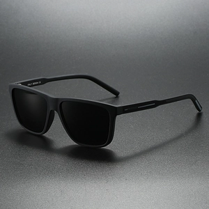 Detail of Italy Design CE marking on matte black square frame sunglasses inner temple