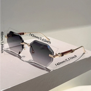 Detailed size guide of rimless hexagon sunglasses with 48mm lens height and metal arms