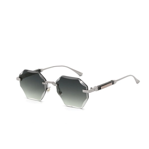 Frameless hexagonal ocean lens sunglasses with silver metal frame and gradient grey tint