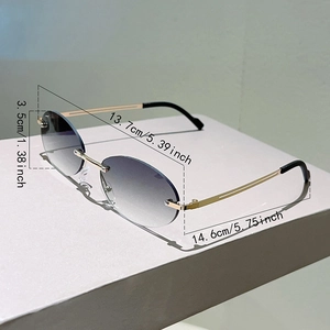 Detail view of rimless oval sunglasses showing dimensions and golden metal temples