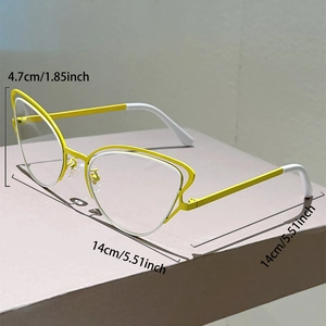 Detail view of yellow butterfly glasses frame showing 4.7cm height and 14cm width dimensions