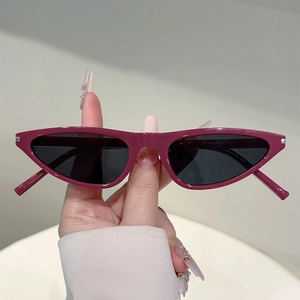 Detail of dark plum cat-eye sunglasses with polished frames and tinted lenses
