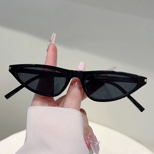 Detailed view of Y2K futuristic cat-eye sunglasses with silver temple accents and specs