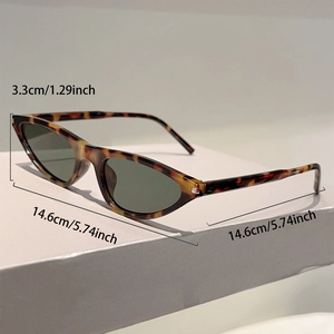 Detailed dimensions of tortoise shell cat-eye sunglasses with dark grey lenses