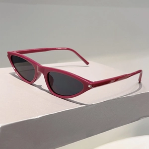 Detail view of magenta cat-eye sunglasses with dark lenses and silver square accents