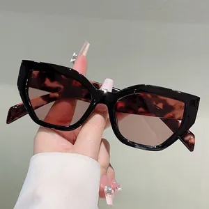 Detail of cat eye sunglasses with black geometric frames and tortoise temple tips