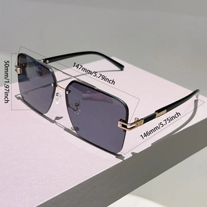 Detail view of square rimless sunglasses showing dimensions and golden metal temples