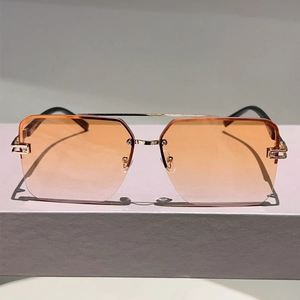 Retro semi-rimless square sunglasses with pink gradient lenses and gold double bridge
