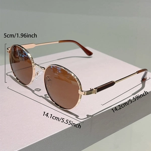 Detailed size specifications for oval gold frame sunglasses with 14.1cm total width