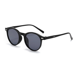Classic black round frame sunglasses with dark grey lenses and silver metal accents