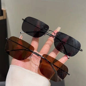 Detail of rimless polarized sunglasses with rectangular lenses and slim metal temples