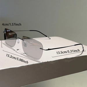 Detailed size specifications for ultra-light rimless polarized sunglasses with gray lenses