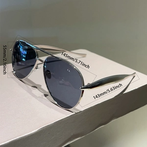 Detailed view of silver pilot sunglasses with dimensions and double bridge metal frame