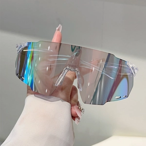 Close-up of frameless rimless sports sunglasses with colorful rainbow mirrored coating