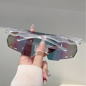 Close-up of sports sunglasses featuring transparent frames and colorful iridescent lenses