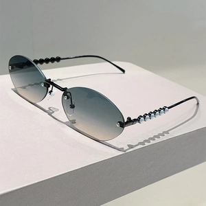 Oval Rimless Sunglasses Fashion Retro Metal Frame With Artificial Pearl Decoration UV400 Protection Gradient Lens For Women Trendy