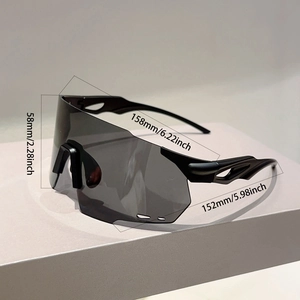 Detailed size specifications for sports sunglasses showing frame width and lens height