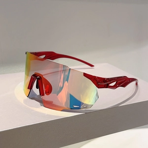 Detail of colorful mirrored lens and aerodynamic hollow temples on red sports sunglasses
