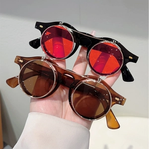 Steampunk round flip-up sunglasses with thick frames and metal hinge detail in dual colors