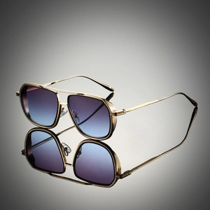 Modern square metal frame sunglasses with gradient purple lenses and double bridge design