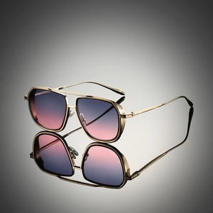 Macro detail of square pilot sunglasses with gradient purple lenses and gold metal frame