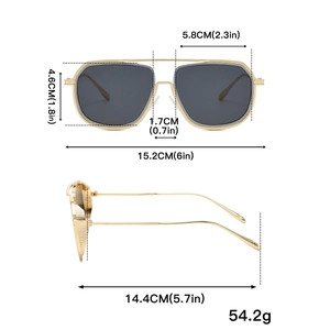 Detailed dimension guide for square metal pilot sunglasses with frame measurements