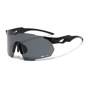Matte black sports sunglasses with oversized single-lens frame and ventilation holes
