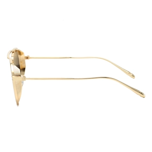 Detailed side view of golden metal sunglasses with retro steampunk side shield design