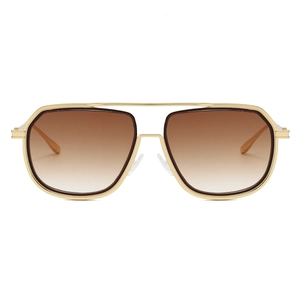 Front view of square gold metal sunglasses with double bridge and brown gradient lenses