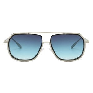 Detail of silver aviator metal frame sunglasses with blue gradient lenses and double bridge