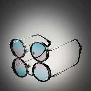 Retro round metal sunglasses with gradient blue-purple lenses and silver frame