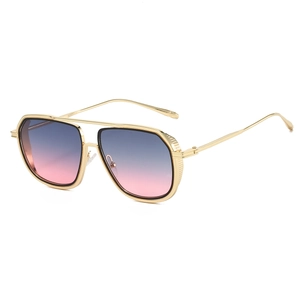 Detail of square gold metal frames with blue-pink gradient lenses on retro sunglasses