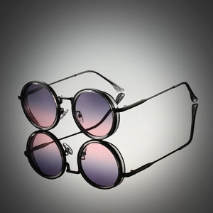 Retro round metal sunglasses with purple gradient lenses and matte black frame