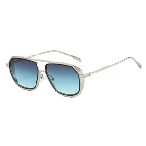 Detailed side view of silver metal square frame sunglasses with industrial texture