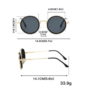 Size chart showing retro round metal frame sunglasses dimensions and 33.9g weight details
