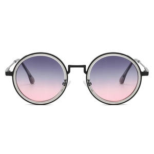 Close-up of retro round metal sunglasses with purple pink gradient lenses and slim temples