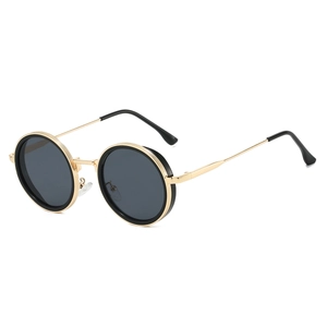 Retro round frame sunglasses with a gold and black metal design on a white background