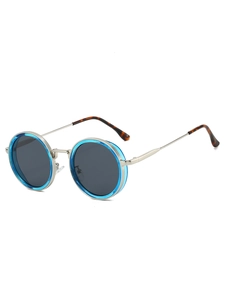 Detail of retro round sunglasses with silver and blue metal frame and dark lenses