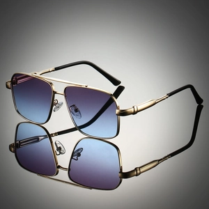 Aviator sunglasses with gold double-bridge metal frame and gradient purple-blue lenses