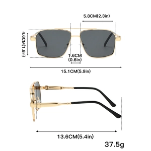 Detailed size chart of pilot metal sunglasses with lens, bridge, and temple measurements