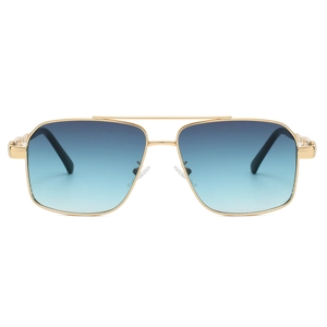 Front view of gold metal pilot sunglasses featuring blue gradient lenses and double bridge