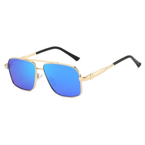 Detail of pilot sunglasses with gold double-bridge frame and blue-purple mirrored lenses