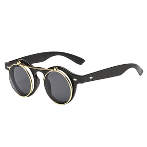 Vintage steampunk double-layer flip-up round sunglasses with metallic trim and punk rivets