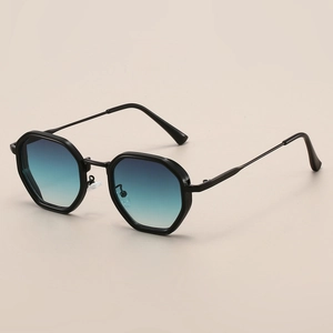 Detail of steampunk polygonal black sunglasses with blue gradient lenses and slim frame
