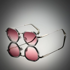 Steampunk polygonal metal sunglasses with stylish red pink gradient lenses in high quality